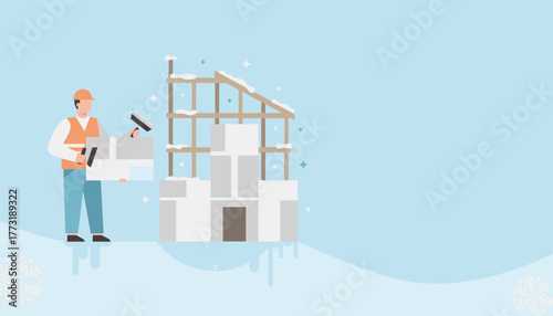 A construction worker building a house structure with snow blocks in a cold winter setting