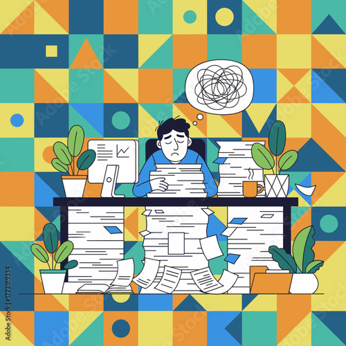 Stressed worker drowning in paperwork illustrating burnout confusion and office overload