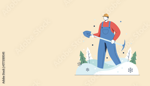 Worker in overalls uses a shovel and pickaxe in a snowy winter landscape symbolizing industrial labor
