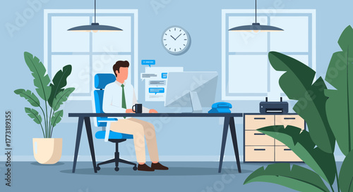 Man working at a desk in an office with plants and windows