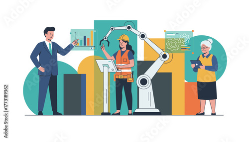 Team collaborating on industrial automation managing data and operating a robotic arm