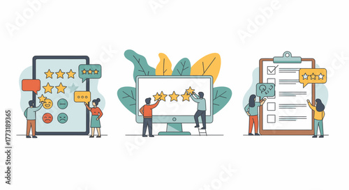 Customers giving feedback and ratings on a tablet, computer, and clipboard