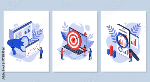 Set of three isometric illustrations representing marketing strategy, goal achievement, and data analysis on