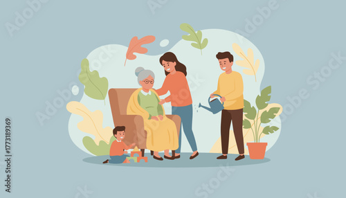 Multigenerational family caring for senior woman at home Illustration of support love and bonding