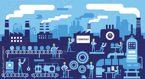 Industrial factory production process with workers machinery and urban skyline