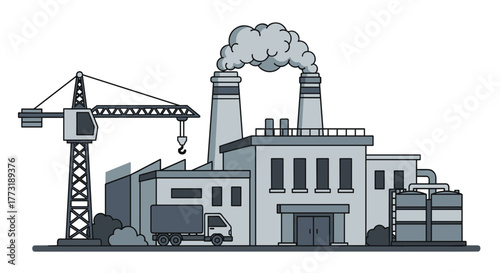 Industrial factory complex illustration with smoking chimneys crane and truck Manufacturing and logistics concept