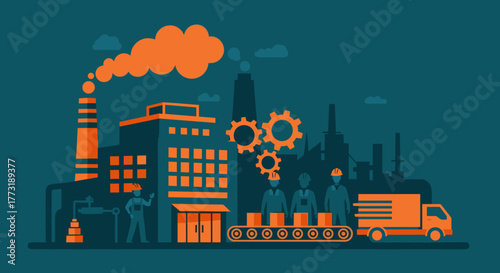 Factory production illustration workers conveyor belt gears and truck symbolizing industry
