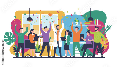 Celebrating team success Professionals cheering with doctor in office confetti party