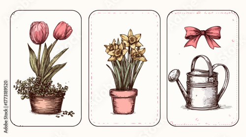 Trois illustrations printanières délicates représentant des tulipes, des narcisses et des outils de jardinage vintage, parfaites pour la décoration et le design.