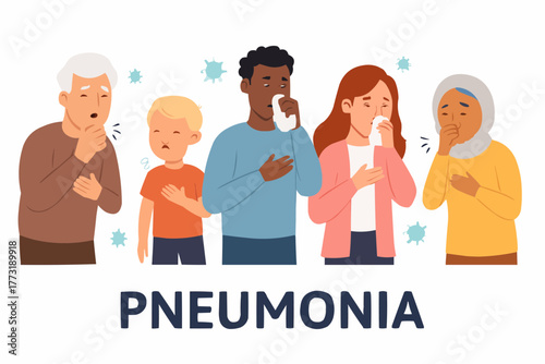 Vector of diverse patients showing pneumonia symptoms in various age groups