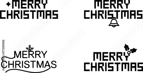 Set of four Merry Christmas typographic logo designs with icons
