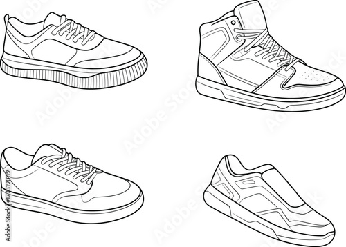 Athletic shoe line art, sneaker illustration, high top basketball shoe, low top casual sneaker, modern footwear design, vector outline, fashion style