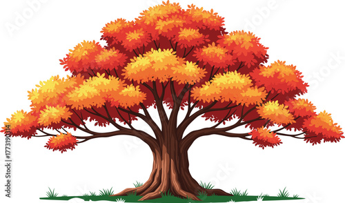 Autumn tree illustration, colorful fall foliage, deciduous tree drawing, seasonal landscape design, nature artwork, vibrant leaves, environmental education graphic
