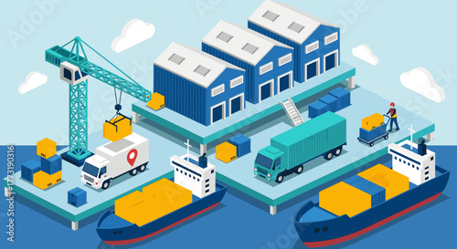 Isometric logistics and shipping illustration with cargo ships, trucks, crane, and warehouses