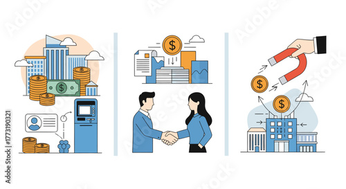 Financial concept illustration with banking, investment, and business partnership