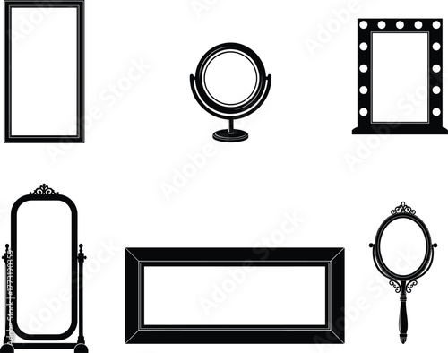 Black and white mirror illustration, decorative frames, vanity mirror sketches, wall décor artwork, handheld mirror drawing, interior design accessory, grooming reflection