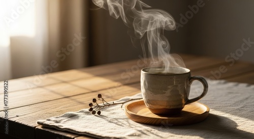 Freshly Brewed Steaming Coffee on a Table in a Sunlit Room in the Morning