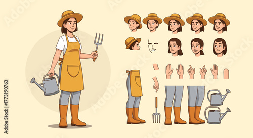 Gardener character kit with various poses, facial expressions, and accessories for animation and design