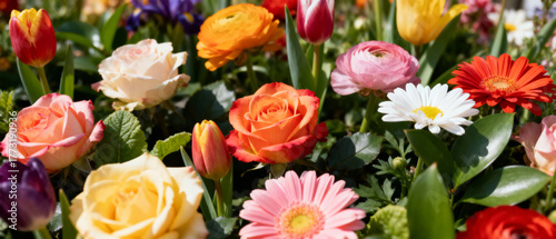 A vibrant garden scene featuring a colorful assortment of blooming flowers including roses, tulips, daisies, and gerbera daisies.