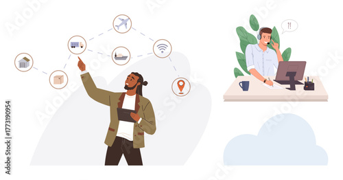 Worker interacting with IoT flowchart on tablet and office worker puzzled at desk. Ideal for technology, IoT, innovation, teamwork, remote work, digital communication, connectivity. Simple flat