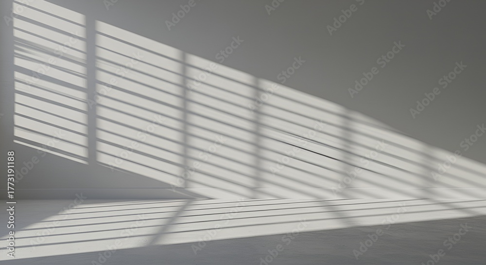 Fototapeta premium Sunlight streams through window blinds, creating a pattern on the stark white wall and floor.