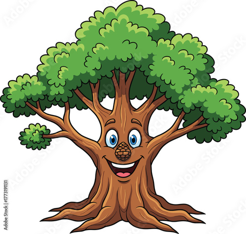Cartoon tree illustration, smiling face artwork, anthropomorphic plant drawing, children’s book sketch, friendly nature design, educational character, whimsical greenery, forest