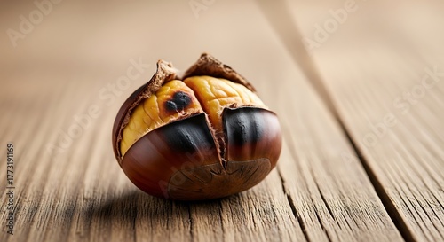 Single Roasted Chestnut on Rustic Wooden Table.