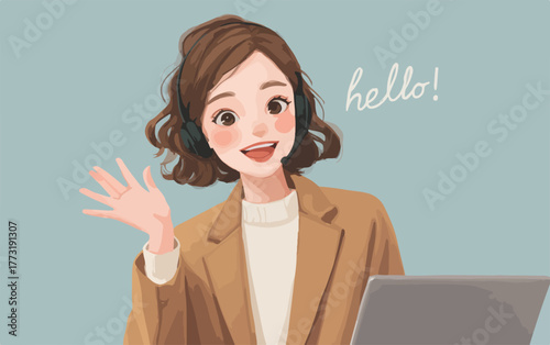 Cette illustration vectorielle moderne dépeint une jeune femme souriante, équipée d'un casque, saluant avec enthousiasme, parfaite pour la communication digitale.