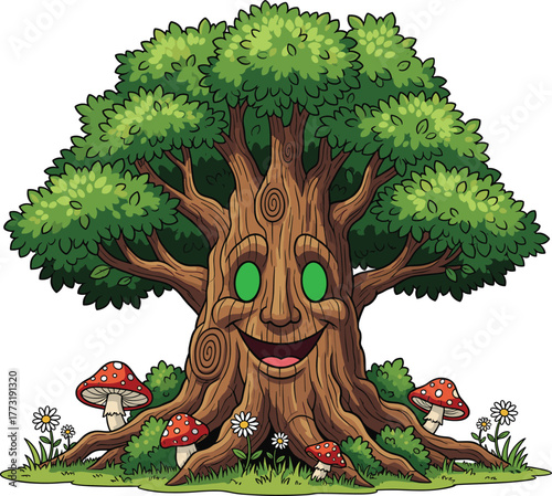 Cartoon tree illustration, smiling face artwork, anthropomorphic plant drawing, children’s fantasy sketch, whimsical forest design, friendly nature character, mushroom scene, playful greenery