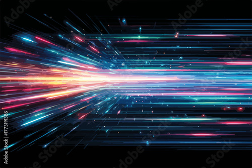 Flux lumineux abstrait et dynamique créant un effet de vitesse intense avec des traînées colorées sur fond sombre, symbolisant la technologie et l'énergie.