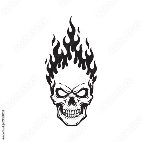 Vintage monochrome skull with flame on head, vector illustration of human cranium