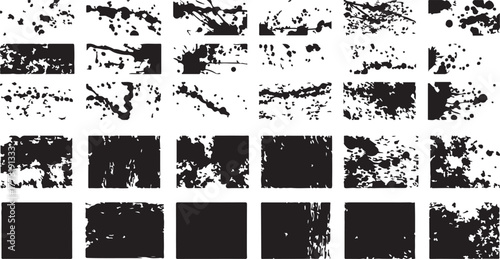 Set of abstract grunge textures with black paint splatters and stains on white background for design and decoration