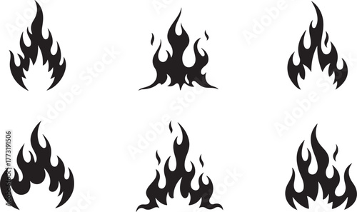 Set of diverse black fire flame silhouettes, illustrating abstract burning elements and hot dynamic energy for various design projects and graphic themes