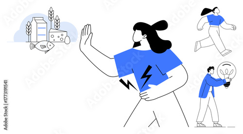 Woman gesturing refusal to allergens, surrounded by dairy, fish, and wheat illustrations. Includes running and light bulb-carrying figures. Ideal for health, diet, sustainability, allergy awareness