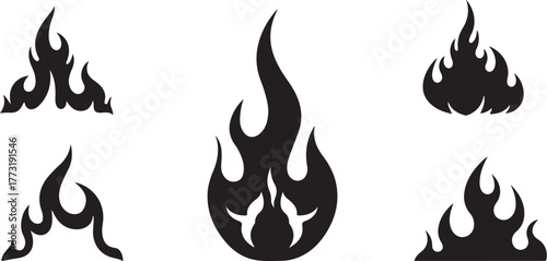 Collection of Five Stylized Flame Icons Representing Fire, Energy, and Heat in a Graphic Design