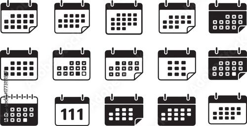 Varied black and white calendar icon set for scheduling, event planning, and time management applications. Essential vector symbols representing dates, reminders, and daily organization