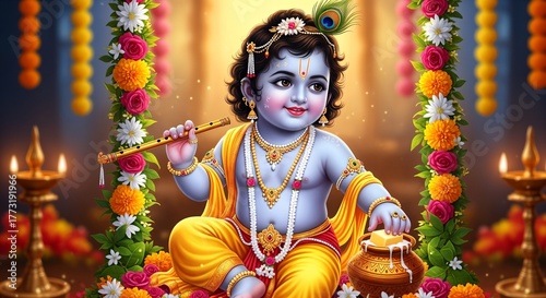 Happy Krishna Janmashtami. Little Lord Krishna five.