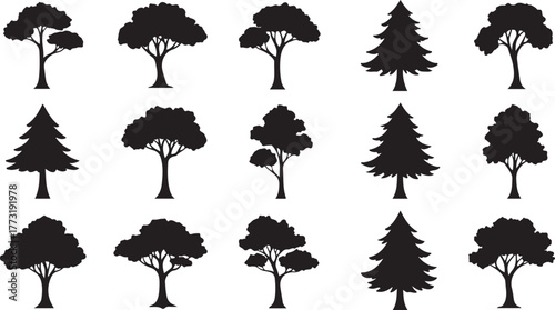 Silhouettes of Various Trees A Collection of Artistic Tree Shapes in Black and White for Design