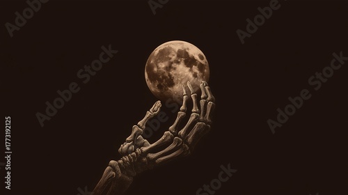 Skeleton hand holding moon against dark background