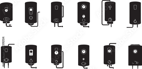 A comprehensive set of water heater and boiler icons in a minimalist black silhouette style, perfect for plumbing and household utility system graphics