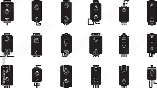 A vector icon set of various domestic water heaters and boilers. Collection of household heating system appliance silhouettes for plumbing and utility design