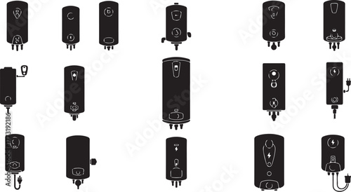 Set of various water heater icons. A collection of domestic boiler silhouettes for household appliance and plumbing design elements