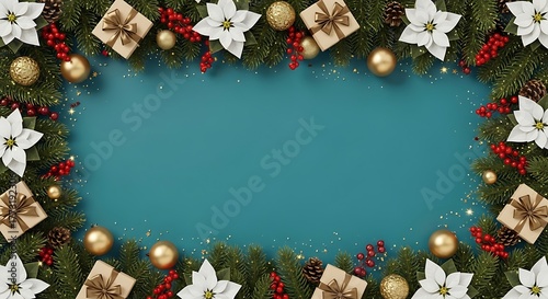Festive Christmas Wreath Frame on Blue Background
