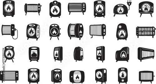 Collection of Black and White Heater Icons Winter Warmth Essentials