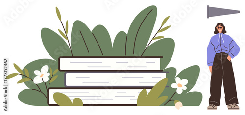 Casual woman in purple hoodie standing confidently next to stacked books and lush foliage with white flowers. Ideal for education, reading, self-learning, growth, inspiration, lifestyle