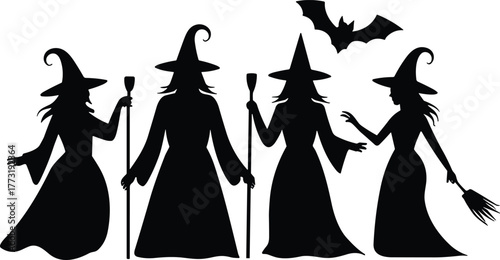 Halloween witch silhouettes, spooky bat, broomstick illustration, haunted night, magical sorcery, gothic decor, festive design, fantasy art, holiday celebration, dark mystery