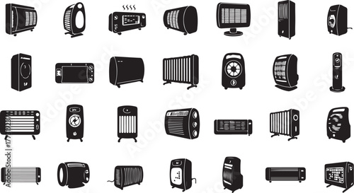 Collection of Various Heating Devices and Appliances, Showcasing Diverse Designs for Home and Office Comfort