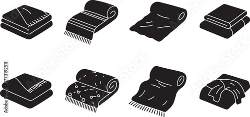 Collection of folded and rolled blankets, throws, and fabric items, presented as simple black icons on a white background