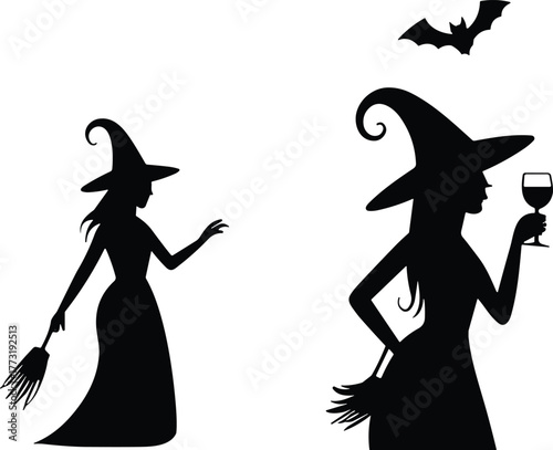 Halloween witch silhouettes, spooky bat, broomstick illustration, magical sorcery, festive design, haunted night, gothic decor, fantasy art, holiday celebration, dark mystery