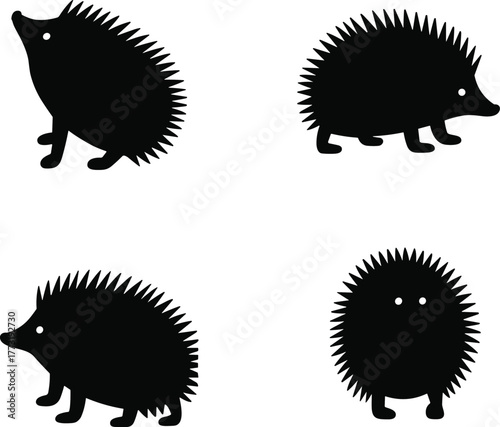 Hedgehog silhouettes in different shapes and postures, animal illustration, wildlife design, nature concept, spiky mammal, cute forest creature artwork